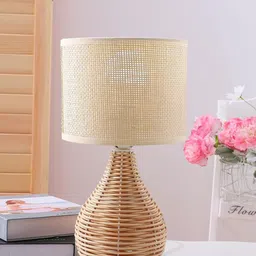 Ekhasa Brown Textured Wood Cylindrical Shaped Table Lamp-45
