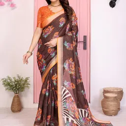Moda Rapido Coffee Brown & Orange Floral Designer Saree-picture-38