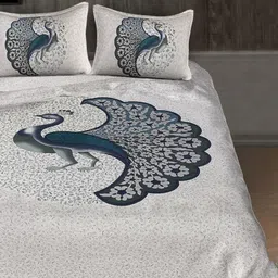 Aura Blue & Off White Ethnic Motifs 144 TC Queen Bedsheet with 2 Pillow Covers-image-88