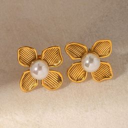VIEN Stainless Steel 18K Gold-Plated Pearls Beaded Floral Shaped Studs-image-37