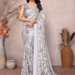 ODETTEGrey Satin Printed Saree With Unstitched Blouse-image-62