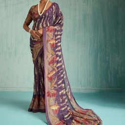 DIVASTRI Moss Chiffon Sequence Foil Print Saree With Matching Blouse Piece-image-5