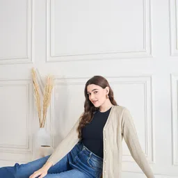 CLAPTON Women Self Design Solid V-Neck Woollen Cardigan-24