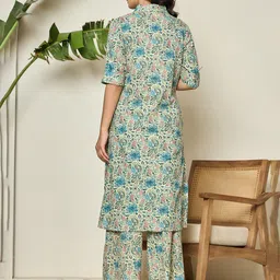 SHRIZA Floral Printed Shirt Collar Pure Cotton Straight Kurta With Palazzos image 2