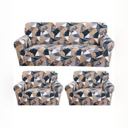 GIFTS ISLAND Navy Blue & Grey Printed Polyester 3 Piece Sofa Cover With Arms-27