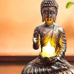 SkyKey Copper-Toned Polyresin Sitting Buddha Idol With Candle Holder Statue Showpiece-image-70