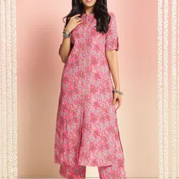 DIVASTRI Floral Printed Mandarin Collar A-Line Kurta With Trouser-7