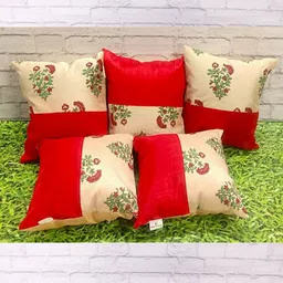 Pink Parrot Red & Beige 5 Pieces Printed Jacquard Silk Square Cushion Covers-12