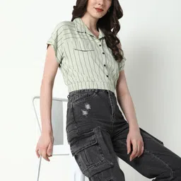 SHOWOFF Women Green Striped Extended Sleeves Shirt Style Crop Top-image-45