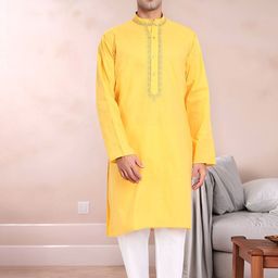 Moda Rapido Men Floral Yoke Design Regular Thread Work Pure Cotton Kurta with Pyjamas-picture-16
