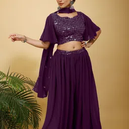 SANCIA Floral Embroidered Georgette Top With Palazzo & Dupatta-image-70