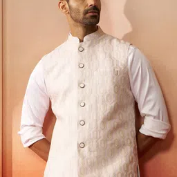 VASTRAMAY Men Ethnic Motifs Woven Design Mandarin Collar Silk Jacquard Nehru Jacket-picture-20