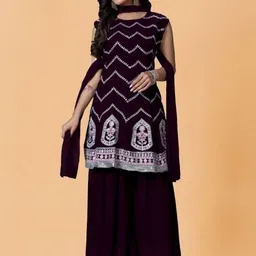 PARROT CREATION Floral Embroidered Sequinned Georgette A-Line Kurti With Sharara & Dupatta-image-10