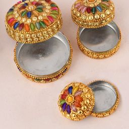 CRAFTAM Gold Toned & Blue 3 Pieces Decorative Jewellery Dibbi Vanity Box-image-21