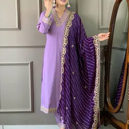 JAPNAAM Embroidered V Neck Chanderi Silk Kurta With Trousers & Dupatta-33