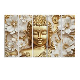 RANDOM Vinyl Gold-Toned & White 5 Piece Buddha Religious Canvas Wall Paintings-picture-44