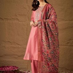 House of Pataudi Embroidered Chanderi Cotton Straight Kurta With Trousers & Dupatta-54