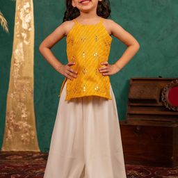 Jilmil Girls Striped Mirror Work Shoulder Strap Straight Kurti With Palazzos-image-51