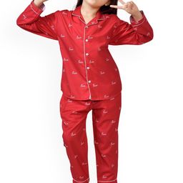 BAESD Girls Lapel Collar Typography Printed Night suit-image-93