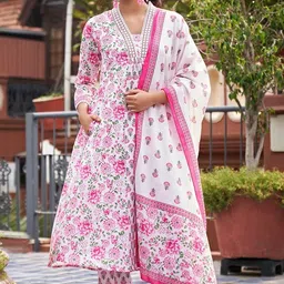 SAK JAIPUR Floral Printed Pure Cotton Anarkali Kurta with Trousers & Dupatta-17