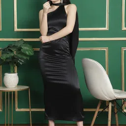 BLANC9 Women Black Satin Dress With Drape Around The Neck-image-20