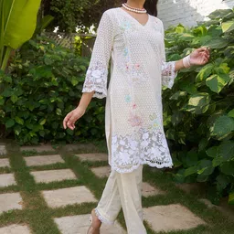 Sangria Schiffli Embroidered Pure Cotton Tunic With Trouser Co-Ords-30