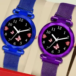 LAKSH Unisex Set of 2 Dial & Leather Straps Analogue Watch Mag Flower Blue+PurpleWS-picture-5