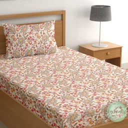 CG HOMES Pink & Cream Floral 180 TC Cotton Single Bedsheet with 1 Pillow Covers-picture-34