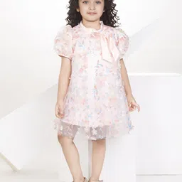 Peppermint Floral Print Puff Sleeve Net A-Line Dress-image-79