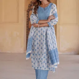 KALINI Women Floral Printed Regular Pure Cotton Kurta with Trousers & With Dupatta-image-79