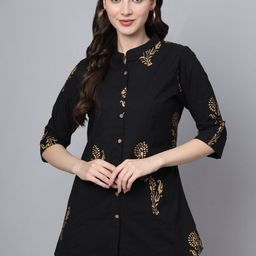 BAESD Floral Print Mandarin Collar Roll-Up Sleeves Ethnic Cotton Top-image-48