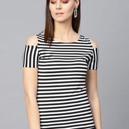 Zima Leto Women Black & White Striped Cold Shoulder T-shirt-image-37