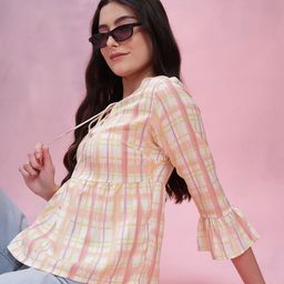 DressBerry Checked Tie-Up Neck Bell Sleeve Top-9