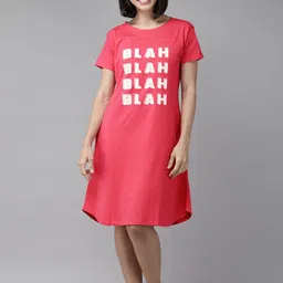 Zeyo Pink & Off White Printed Cotton Nightdress-image-88