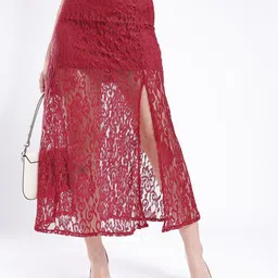 glitchez Women Sheer Lace High Side Slit A-Line Midi Skirt-image-18