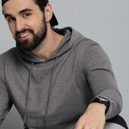 HERE&NOW Men Charcoal Solid Knitted Hooded Sweatshirt-image-51