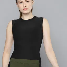 Fitkin Women Black Solid Slim Fit Quick Dry Crop T-shirt-image-16