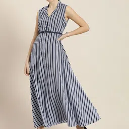her by invictus Women Navy Blue & White Striped Maxi Dress-picture-54