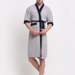 Creeva Everyday Grey & Navy 225 GSM Micro Terry Bathrobe with Front Pocket & Kimono Collar-image-75