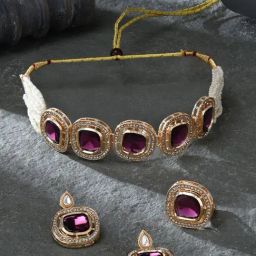 Zaveri Pearls Purple Multistrand Beaded Ethnic Choker Necklace Earring & Ring Set-ZPFK16496-17