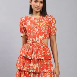Label Ritu Kumar Orange Printed A Line Dress-image-49