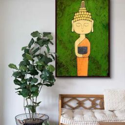 999Store Green Canvas Monk Standing Lord Buddha Painting With Frame-43