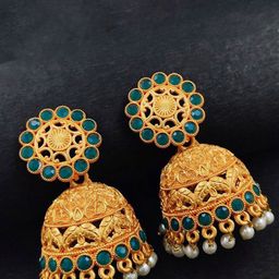Saizen Gold-Plated Kundan Studded & Pearls Beaded Dome Shaped Jhumkas-image-100