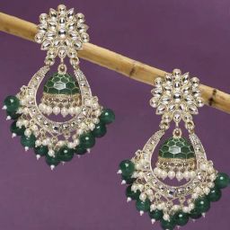OOMPH Jewellery Gold Tone Green Pearl and Kundan Floral Jhumki-31