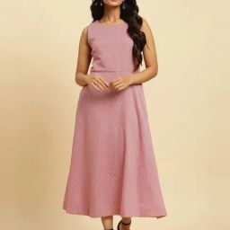 W Pink Cotton Striped A-Line Dress-image-89