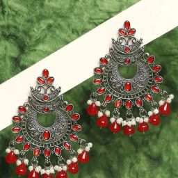 OOMPH Jewellery Oxidized Silver Red Stones With Pearls Ethnic Chand Bali-image-26