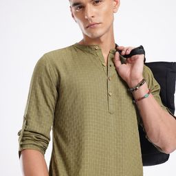 Anouk Rustic Band Collar Checked Roll-Up Sleeves Kurta-image-12