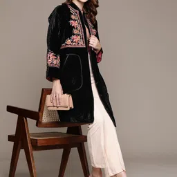 Ritu Kumar Women Floral Longline Tailored Jacket with Embroidered Detail-21