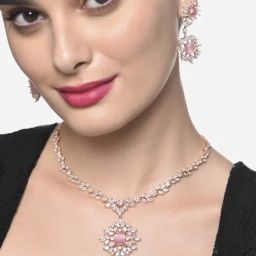 Zaveri Pearls Pink Cubic Zirconia Designer Brass Contemparory Necklace & Earring Set-ZPFK16479-image-44