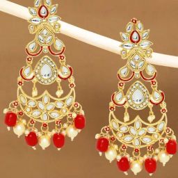 OOMPH Jewellery Red & Kundan Pearls Long Ethnic Floral Dangler-46